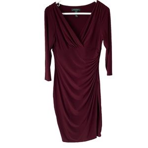 Lauren Ralph Lauren size 8 burgundy long sleeves rouching wrap dress EUC